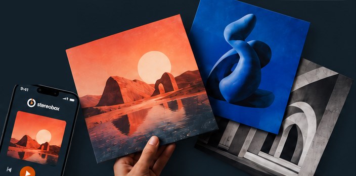 Album covers in warm orange, deep blue and grey, one held in a hand, beside a phone playing music in Stereobox