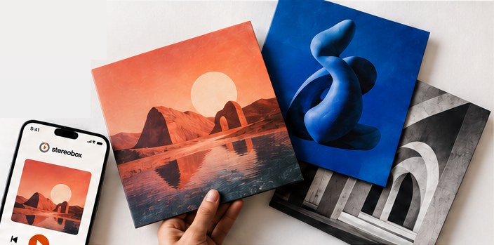 Album covers in warm orange, deep blue and grey, one held in a hand, beside a phone playing music in Stereobox