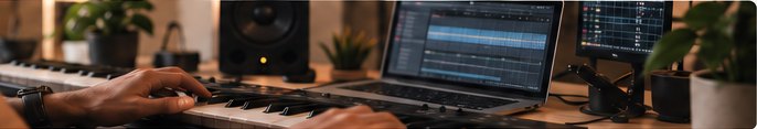 An artist playing keys beside a laptop running music software
